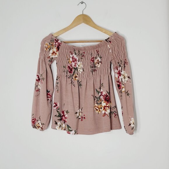Xhilaration Old Rose Pink Floral Print Long Sleeve Off Shoulder Blouses Size XS - Picture 3 of 12
